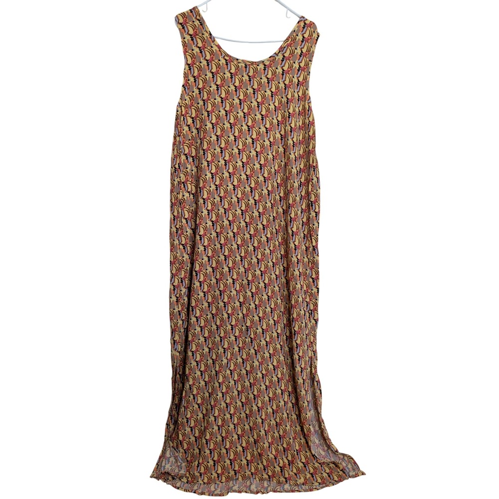 FLAX Women Maxi Dress Large Yellow Geometric Sleeveless Rayon Slit Lagenlook - Picture 5 of 5
